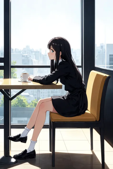 Longhaired girl sitting at a table looking out the window, bright sunlight, cafe, white socks black shoes