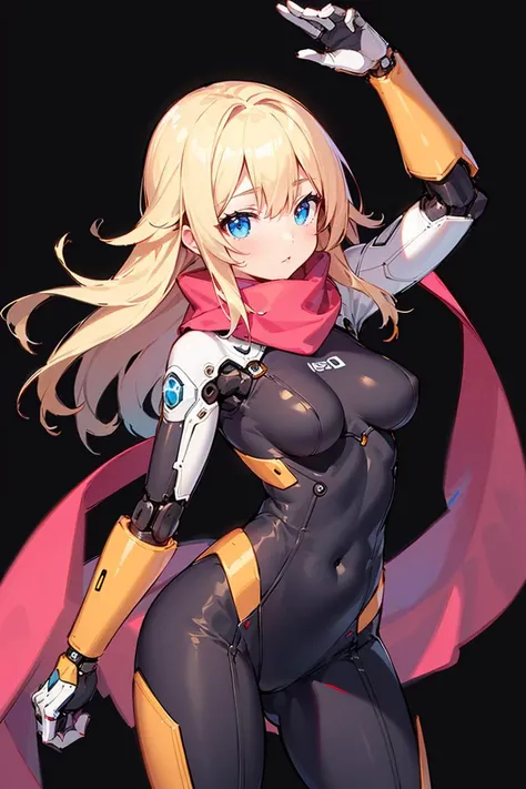 masterpiece, best quality, 1girl, bodysuit, cowboy_shot , long hair, blonde hair, mechanical arms, medium breasts, pink scarf, science fiction, solo, standing, simple background <lora:nijiMecha:1>