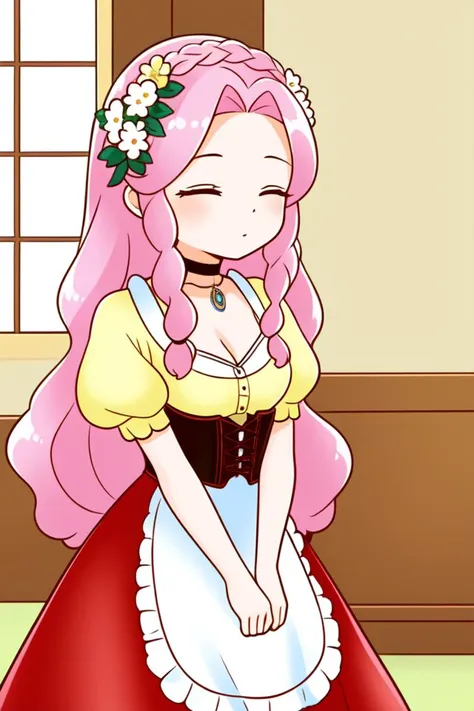 a cartoon girl in a dress with a flower in her hair