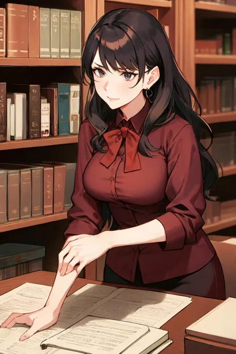 a stern woman librarian beside the shelf.