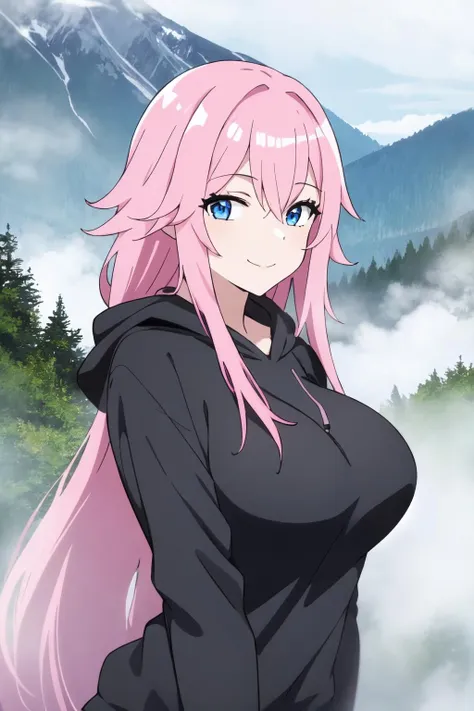 a woman with pink hair and blue eyes standing in front of a mountain