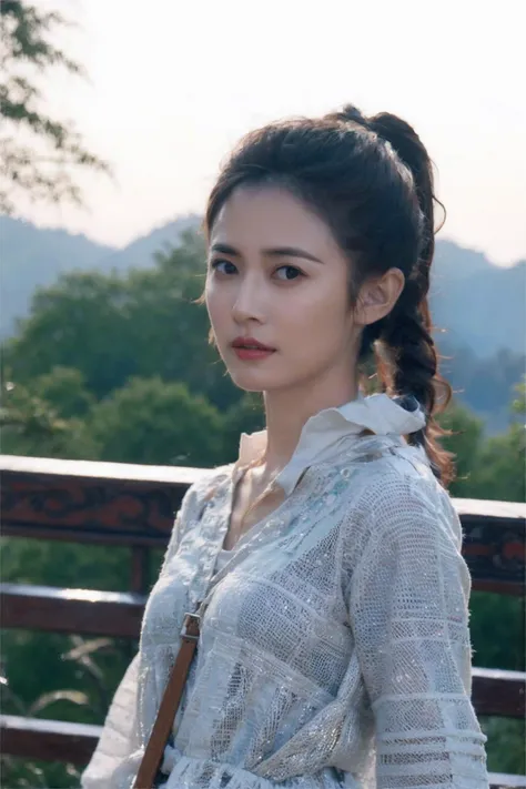 a close up of a woman with a bag on a balcony