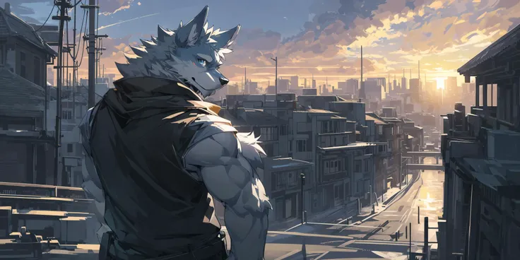 Draw a white mature furry male with his body back to the viewer, against the harsh dusk sky in the background, his body turned slightly backwards, his eyes shining in the intense backlit darkness, looking at the viewer. Behind him is a wide background of s...