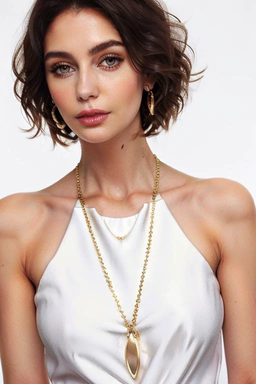 woman, fine facial features, shag hair,
n3ckl4c3, thin gold chain lariat necklace against skin, pendant <lora:Necklace SD15_epoch_10:1.0>  <lora:DakotaWhiteHalterDress:0.8> white halter dress, armlet