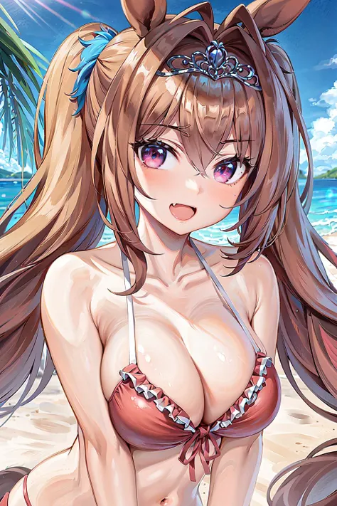 a woman in a bikini top and a cat ears on the beach