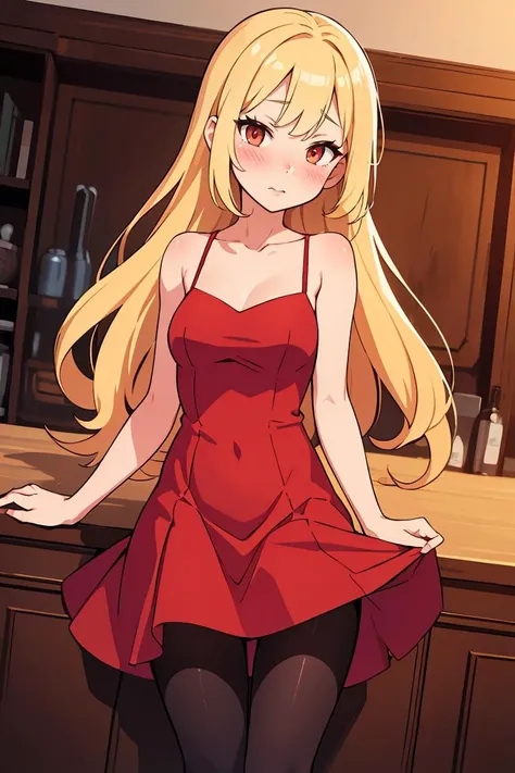 (masterpiece, best quality), 1girl, blonde hair, red dress, pantyhose, cute face, blush,