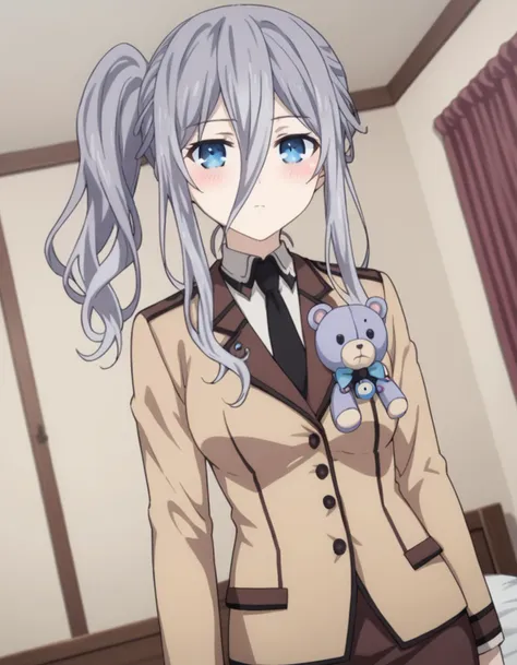 anime girl with long gray hair and blue eyes holding a teddy bear