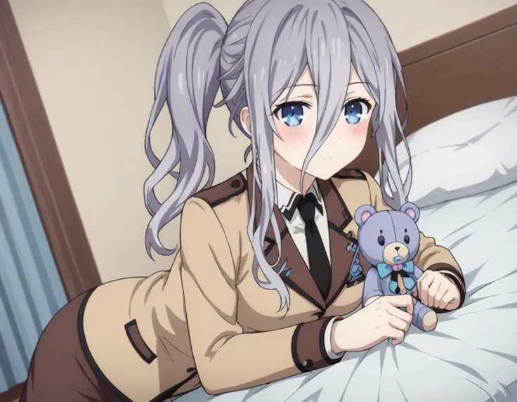 anime image of a woman in a suit laying on a bed with a teddy bear