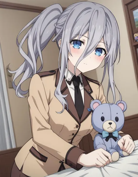 anime girl with long gray hair holding a teddy bear