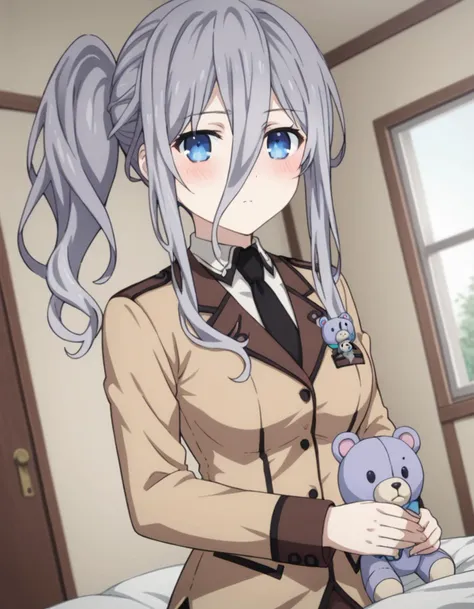 anime girl in uniform holding a teddy bear in her hand