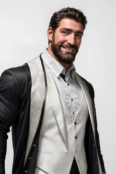 (RAW photo), <lora:King_Frederic_Lora:0.5>, black suit jacket, white dress shirt, muscular dilf, King Frederic, beard, (short hair:0.9), medium shot, white background, smile