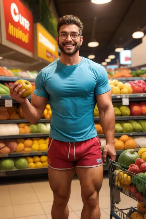 hairy daddy shopping in supermarket, looking at viewer, smile, glasses, wearing tight tee-shirt, short shorts, flip flops, muscular, dynamic lighting, HDR, holding fruit