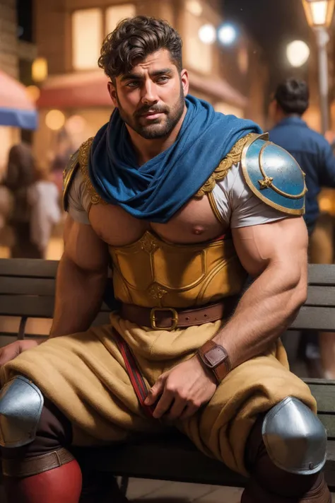 muscular knight, massive pecs, hairy body, short black hair, wearing old timey outfit, dirty village, sitting on bench, waiting, highly detailed, bokeh, depth of field, cinematic lighting