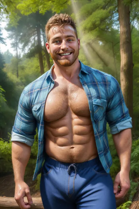 lumberjack, wearing flannel, in the forest, cutting trees, sweaty skin, wet hair, looking at viewer, smiling, sunbeam, HDR, bokeh, depth of field, hairy chest, big pecs, cleavage,