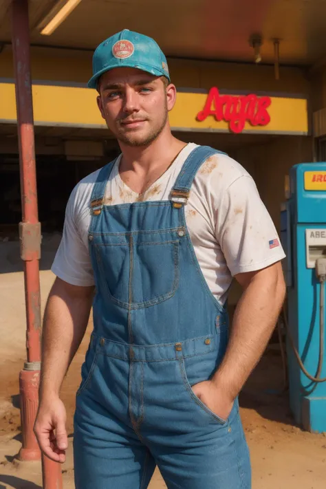 arafed man in overalls standing in front of a gas station