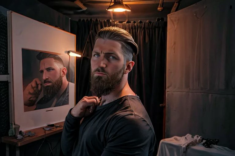 arafed man in a black shirt standing in front of a mirror