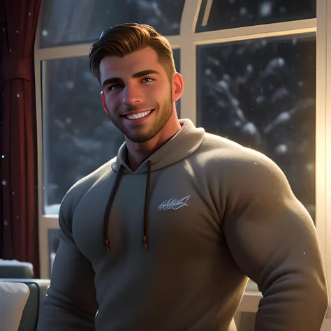 bara, very handsome european strong and manly dark blond bodybuilder with thick muscles with a handsome smile wearing Retro-style sweatshirt at a christmas night in the living room with snow falling outside the window,  dynamic romantic situation,
ultra re...