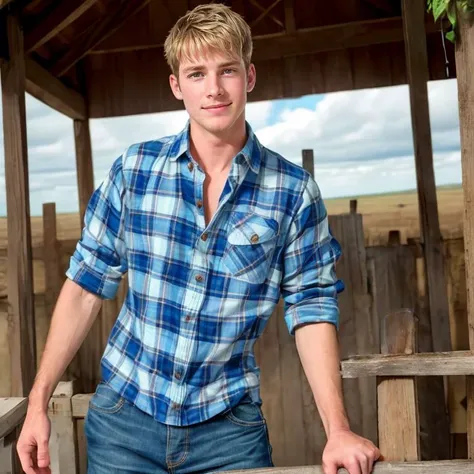 arafed man in a blue plaid shirt leaning on a wooden fence