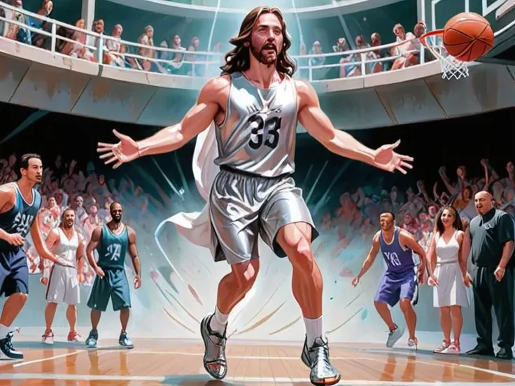 fine art digital painting, Jesus wearing a silver basketball uniform and  sandal high-tops, jumping, basketball, action pose, background stone basketball court ,  <lora:add-detail-xl:1>