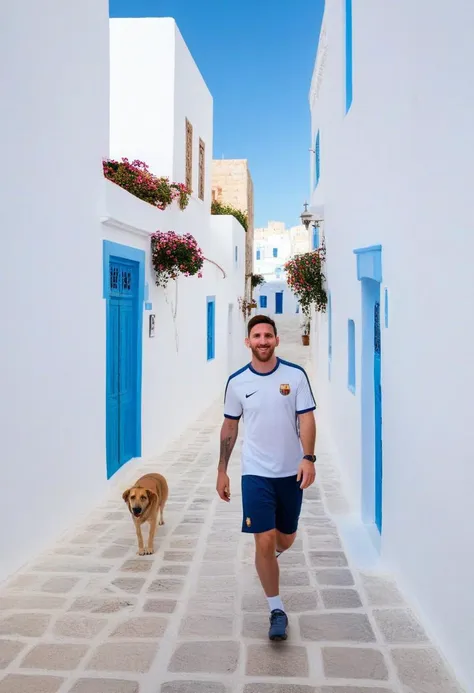 an ultra-realistic photo of lionel messi casually walking through the picturesque streets of sidi bou saïd in la marsa, tunisia....