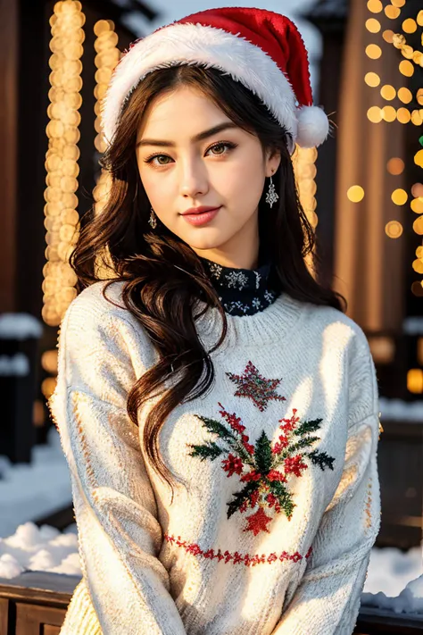 Chinese model DV_Chen_Vicious (wearing edgPO pullover, edgPO, christmas themed sweater), <lora:edgPullovers:1>, (close up, portrait), 35mm, F/2.8 ((Photo Focus, DOF, Aperture, insanely detailed and intricate, character, hypermaximalist, elegant, ornate, be...