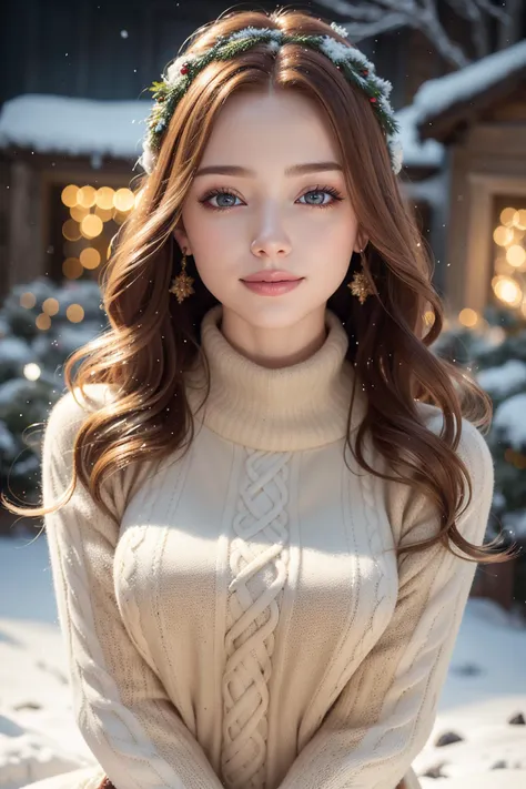 a woman in a sweater and flower crown sitting on a snow covered ground