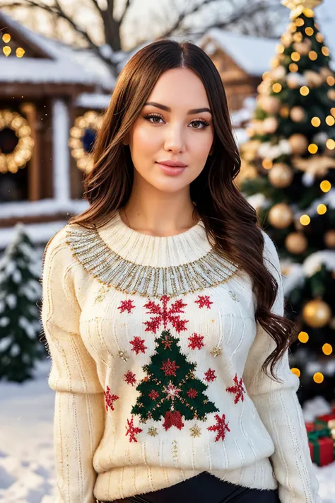 S261_AlinaGorohova (wearing edgPO pullover, edgPO, christmas themed sweater), <lora:edgPullovers:1>, (wearing leggings), makeup, 35mm, F/2.8 ((Photo Focus, DOF, Aperture, insanely detailed and intricate, character, hypermaximalist, elegant, ornate, beautif...