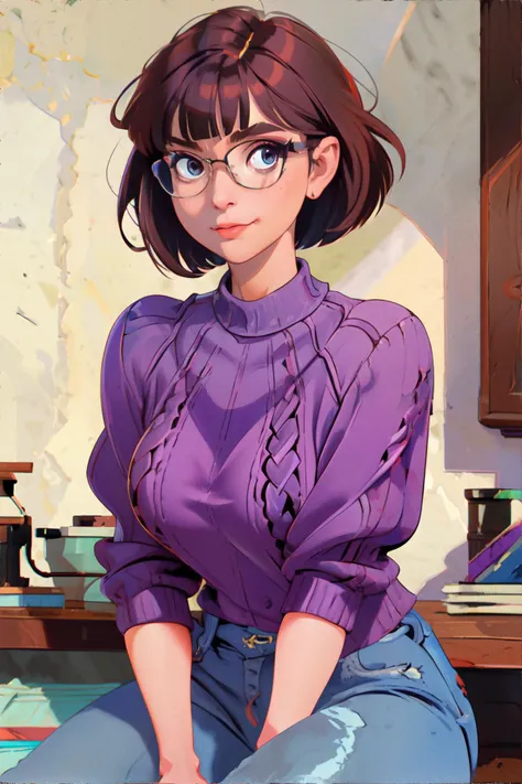 anime girl in purple blouse and jeans sitting on a table