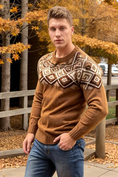 kyle_hynick <lora:kyle_hynick-05-prodigy:0.75> wearing a brown sweater and jeans, autumn pattern    <lora:edgPullovers:0.8> edgPO