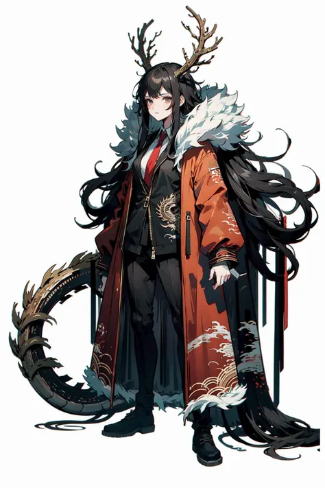 a woman in a red coat and black pants standing next to a dragon