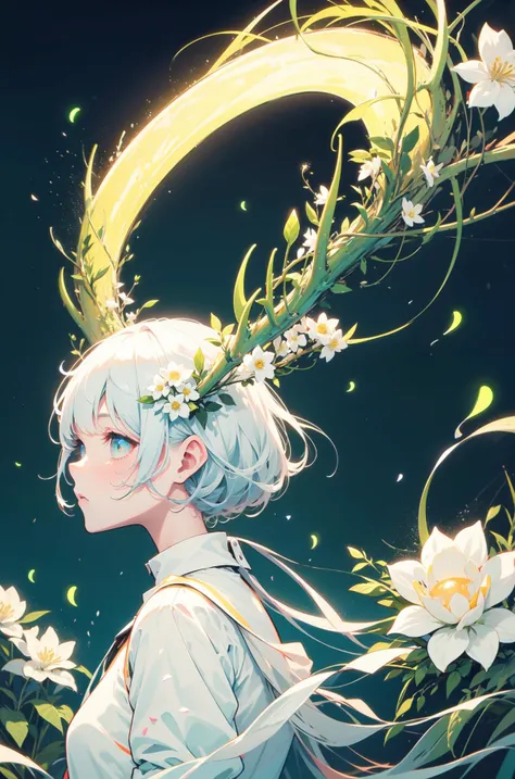 anime girl with flowers in her hair and a crescent