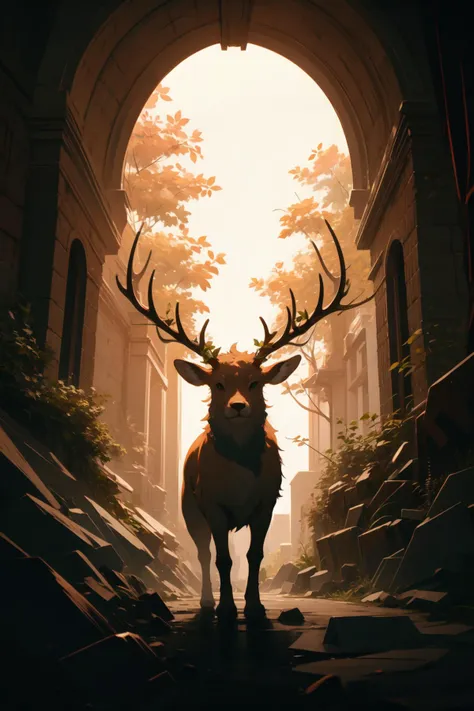 a close up of a deer standing in a doorway with trees in the background