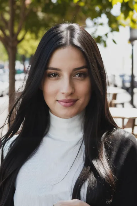 mvl piercing eyes, looking straight, very happy,long black hair, wearing an white turtle neck shirt, closeup portrait, in a outdoor cafe in 2015, afternoon light,<lyco:MariaValverde-RealVision-V1.0:1.0>