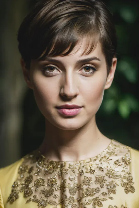 photoshoot of mvl, (brown  hair), (pixie cut), , detailed skin texture, (blush:0.2), (goosebumps:0.3), (light yellow dress), subsurface scattering, Photorealistic, Hyperrealistic, Hyperdetailed, analog style, hip cocked, demure, detailed skin, matte skin, ...