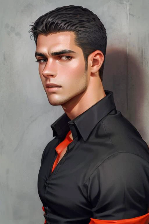 a close up of a man in a black shirt and orange tie