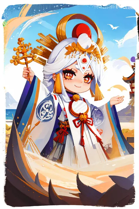 (masterpiece, best quality:1.2), border, chibi, solo, 1girl, miketsu, smile, looking at viewer, headdress, hair ornament, japanese clothes, wide sleeves <lora:style_onmyoji-20:1> <lora:miketsu-nvwls-v1:1>