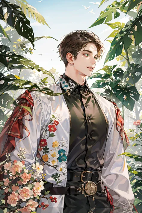 (absurdres, highres, ultra detailed), (1 male, solo, adult, mature, aged up, tall muscular guy, broad shoulders, handsome), wavy brown hair, green eyes, (angular jaw, thick neck, thick eyebrows), BREAK, forest, fantasy, Uniform, extremely detailed face, sm...