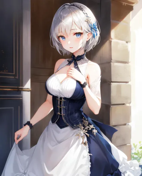 1girl, grey hair, short hair, blue eyes, medium breasts, dress, hair ornament,  <lora:anastasia_(idolmaster)_v2:0.7>