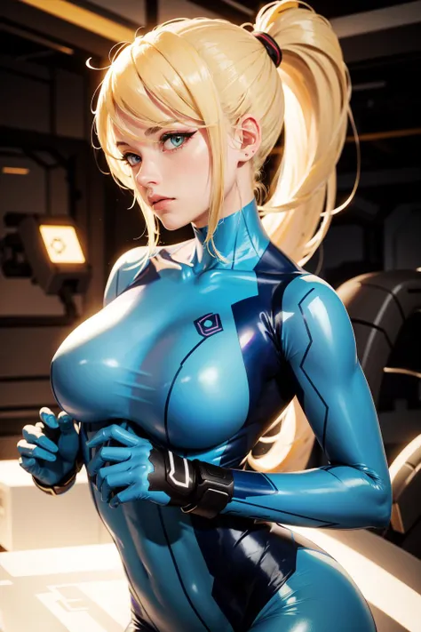 absurdres, best quality, 1girl, solo, eye focus, looking at viewer,   <lora:samus-nvwls-v1:0.9>, samus aran, ponytail, hair tie, blue gloves, blue bodysuit