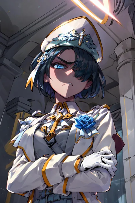 masterpiece,best quality,1girl,htarchangel,hair over one eye,black hair,blue eyes,halo,shaded face,intenseglare,military hat,military uniform,cross,flower,white gloves,frown,looking down,crossed arms,upper body,heaven,marble pillar,architecture,from below,...