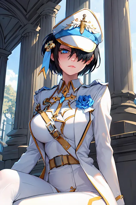 masterpiece,best quality,1girl,htarchangel,(hair over one eye),black hair,blue eyes,halo,shaded face,intenseglare,military hat,military uniform,cross,flower,white pants,white gloves,large breasts,wide hips,expressionless,(sitting,crossed legs),(heaven,marb...