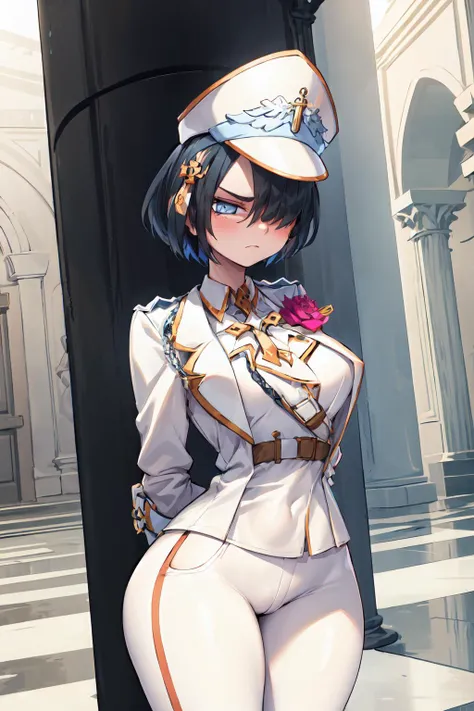 masterpiece,best quality,1girl,htarchangel,hair over one eye,black hair,blue eyes,halo,shaded face,intenseglare,military hat,military uniform,cross,flower,white pants,large breasts,wide hips,thick thighs,expressionless,arms behind back,looking to the side,...