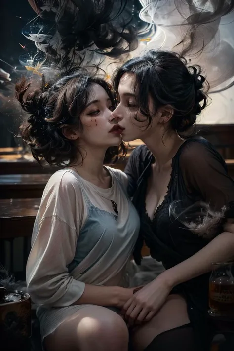 two women are kissing each other in a restaurant