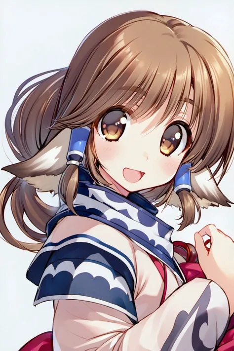 Amaduyu Tatsuki style,1girl,solo,animal ears,layered sleeves,dog ears,long hair,hair tubes,white background,blush,ainu clothes,looking at viewer,simple background,smile,brown hair,bangs,open mouth,brown eyes,upper body,long sleeves,short over long sleeves,...