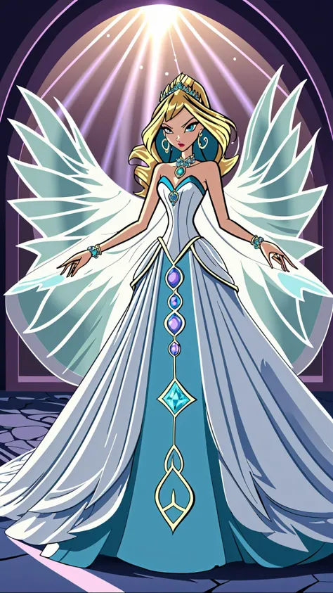 <lora:Winx_Club:0.8> winx club,   <lora:edgTotalFantasyv1:0.8> edgTF, wearing edgTF_dress, white dress, veil, jewelry, gate, sunbeam,