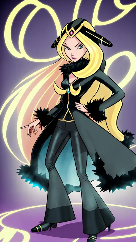 <lora:Winx_Club:0.8> winx club, <lora:Cynthia_Pokemon:0.8> Cynthia Pokemon, solo, 1girl, blonde, long hair, black coat, black pants