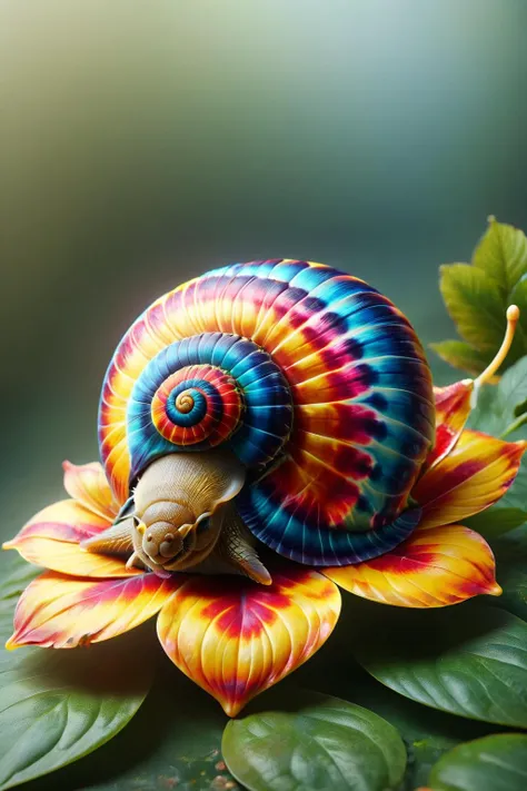 a close up of a snail on a flower with a colorful shell