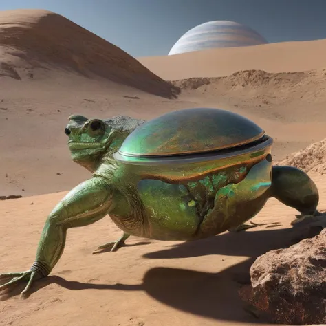 there is a turtle that is sitting on a rock in the desert