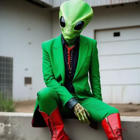 araffe in a green suit and red boots sitting on a wall