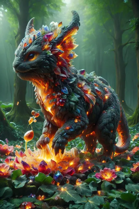 a dragon with fire and flowers in the forest